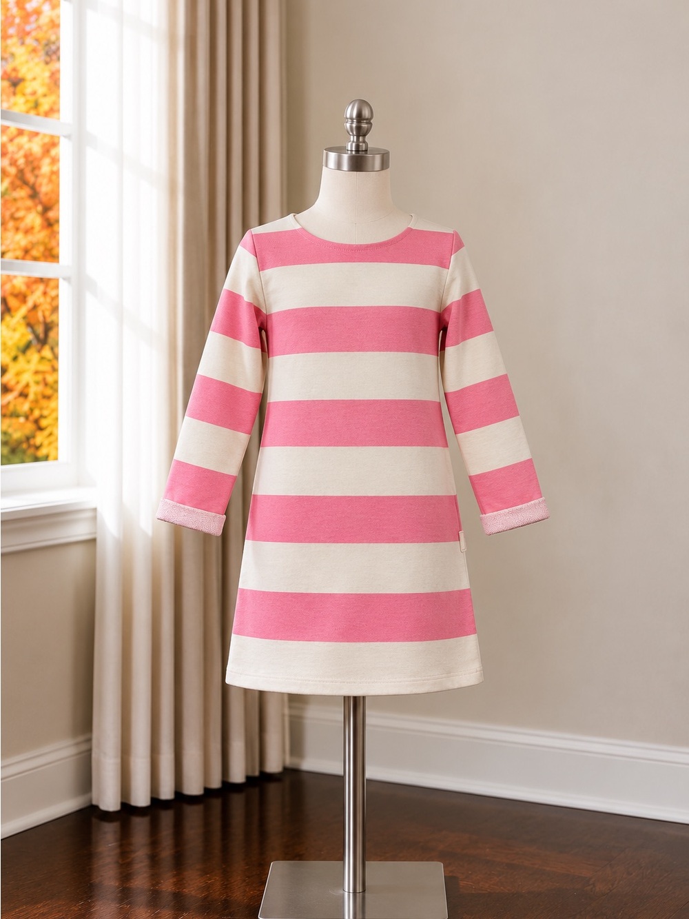 H&M Girls Pink & Cream Striped Long Sleeve Dress Size 8-10